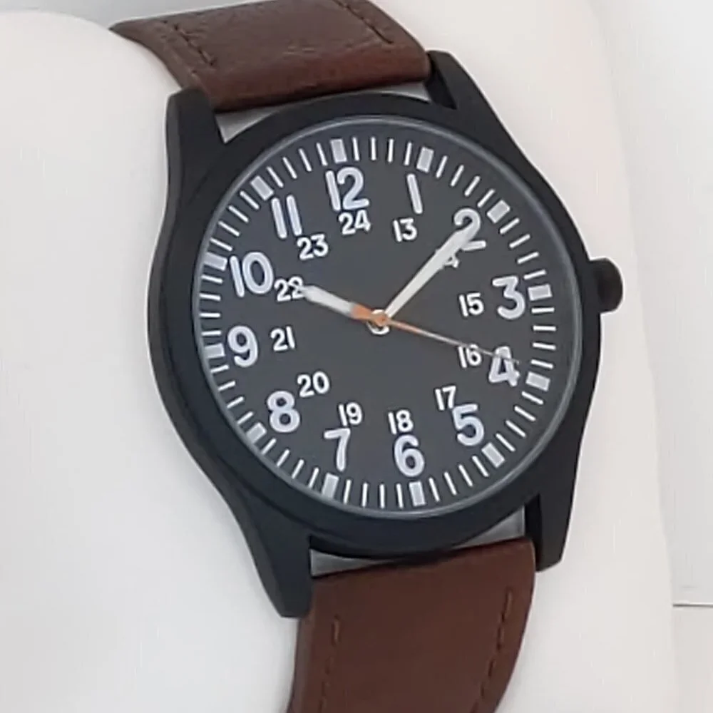 Men's Quartz Field Watch Black Case Brown Leather Strap 42mm